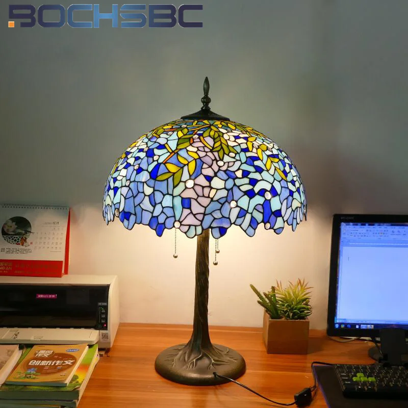 BOCHSBC Tiffany style stained glass European retro table lamp for living room bedroom large desk lamp restaurant cafe LED decor