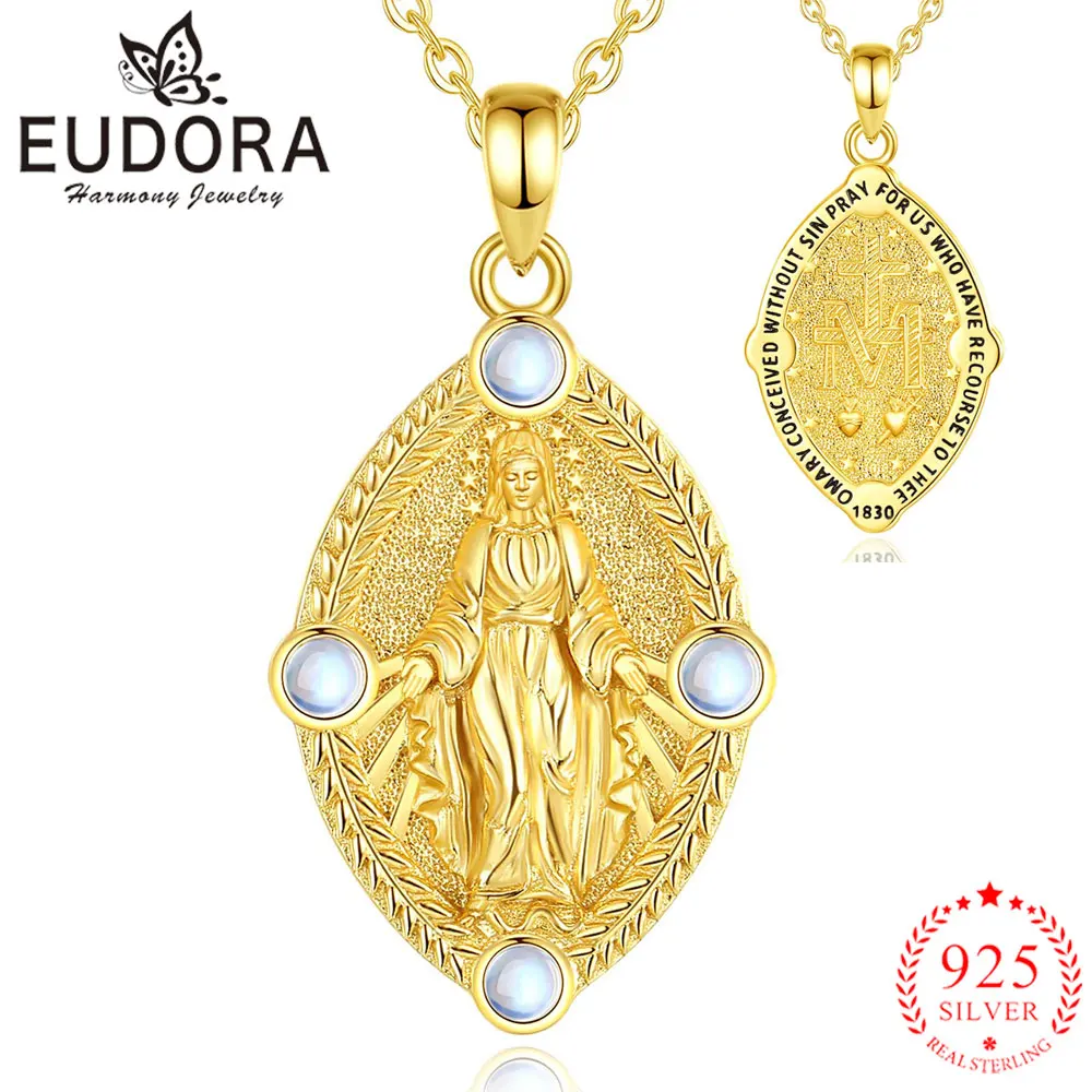 Eudora Moonstone Virgin Mary Necklace 925 Sterling Silver Plated 18K Gold Mother of God Pendant Religious Jewelry Gift for Woman