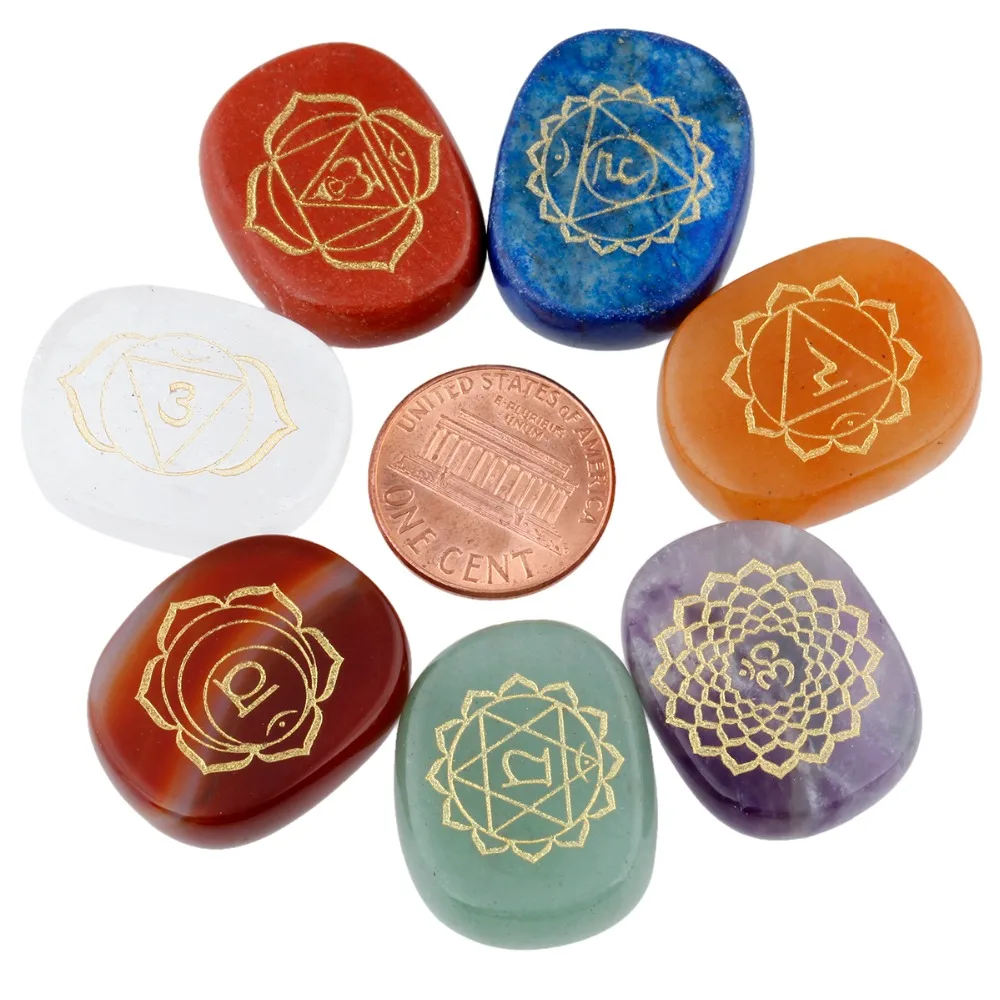 

TUMBEELLUWA 7Pc/Set Healing Crystal 7 Chakra Palm Stone Worry Stone Engraved Symbols Reiki Meditation Balancing