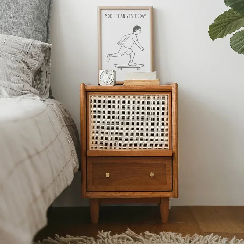Olid Wood Unique Bedside Table Rattan Weaving Nightstands Bedroom Furniture Storage Cabinet Night Stands Nachttisch Livingroom