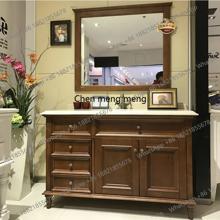 

European bathroom cabinet, oak floor-to-ceiling solid wood washstand, marble washstand, basin cabinet combination