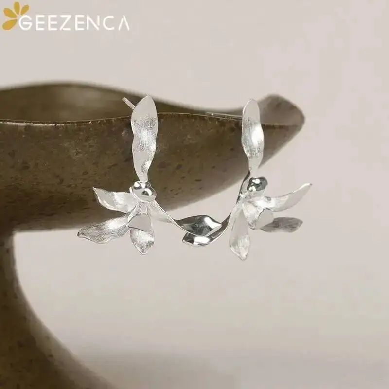 

GEEZENCA S925 Серебряные матовые ювелирные изделия 3D Цветочные массивные серьги Женские дизайнерские модные изящные уникальные серьги-гвоздики в подарок для нее