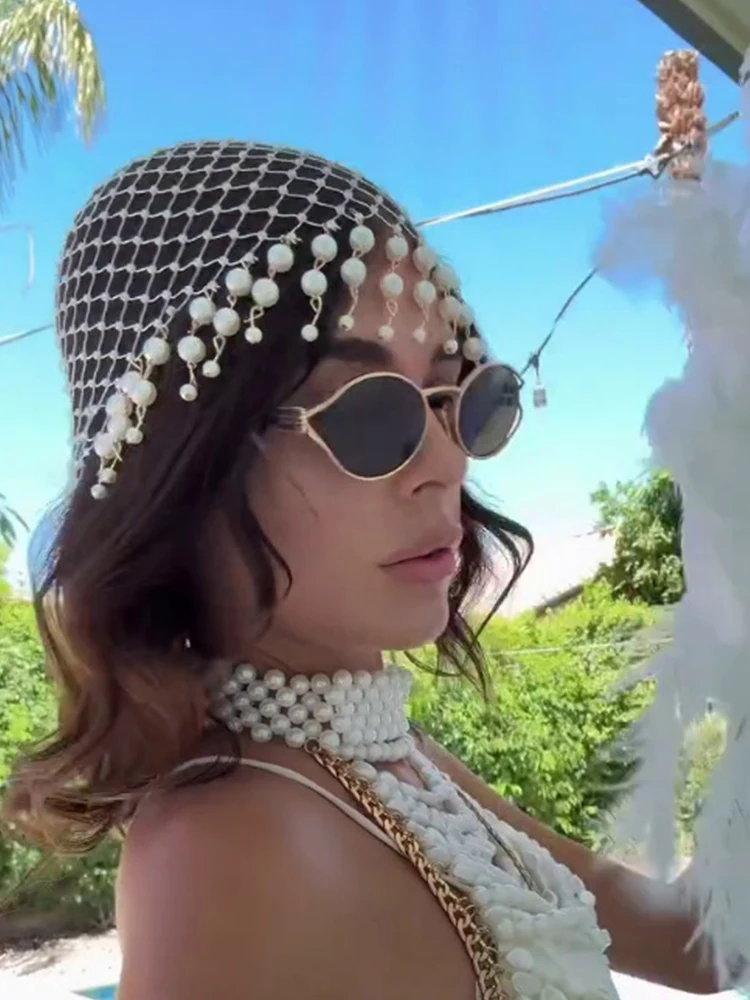 Perlen-Quasten-Strass-Glitzerhut für Frauen, sexy transparente, hohle Netz-Kappe, handgefertigt, für Rave-Musikfestivals, Party-Accessoires