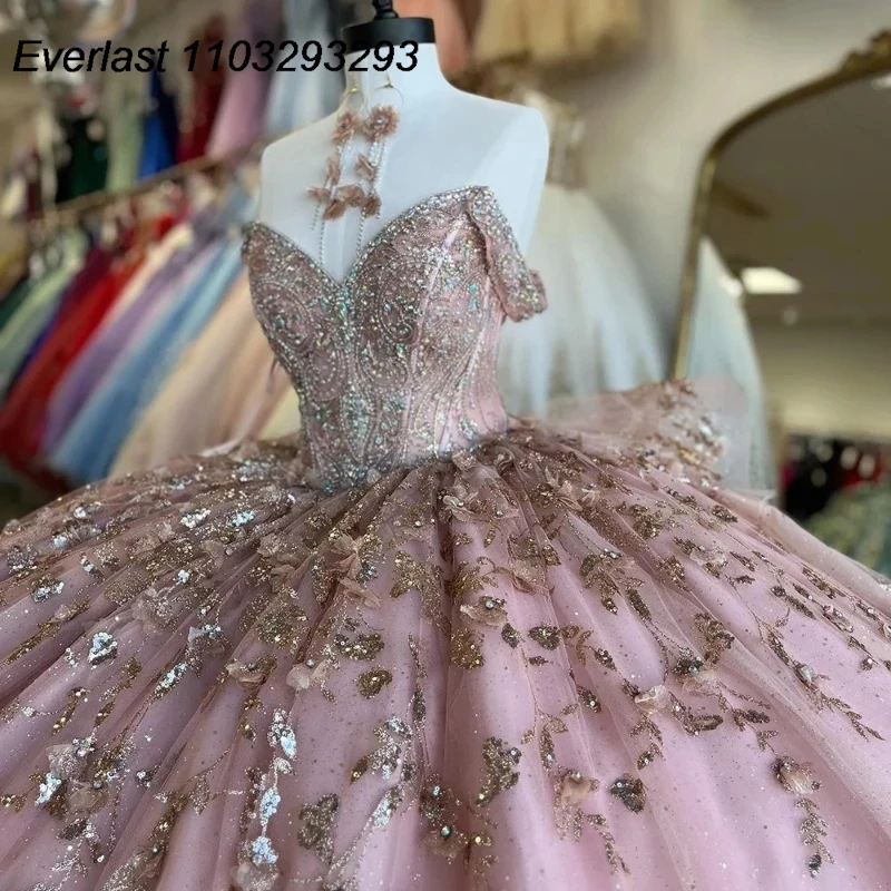 Блестящее розовое платье EVLAST для Quinceanera, бальное платье, Кружевная аппликация, блестки, бисер, кристаллы, милое Многоярусное платье 16, 15 лет TQD330