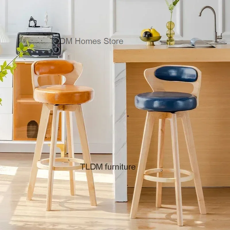 European Solid Wood Bar Chairs Rotating Back High Bar Chair Retro Kitchen Furniture Creative Luxury Home Cafe Front Desk stool L