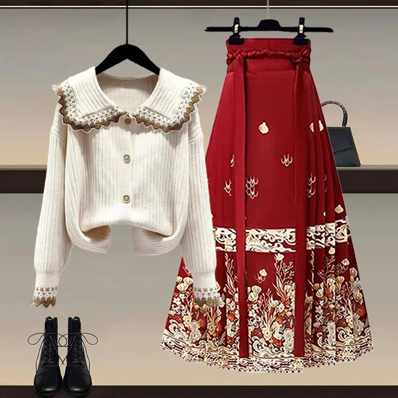 

Red Doll Collar Sweater Winter New Design Sensation Anti-Aging National Sle Hanfu Ma Face Skirt Festive Aosphere Feeling