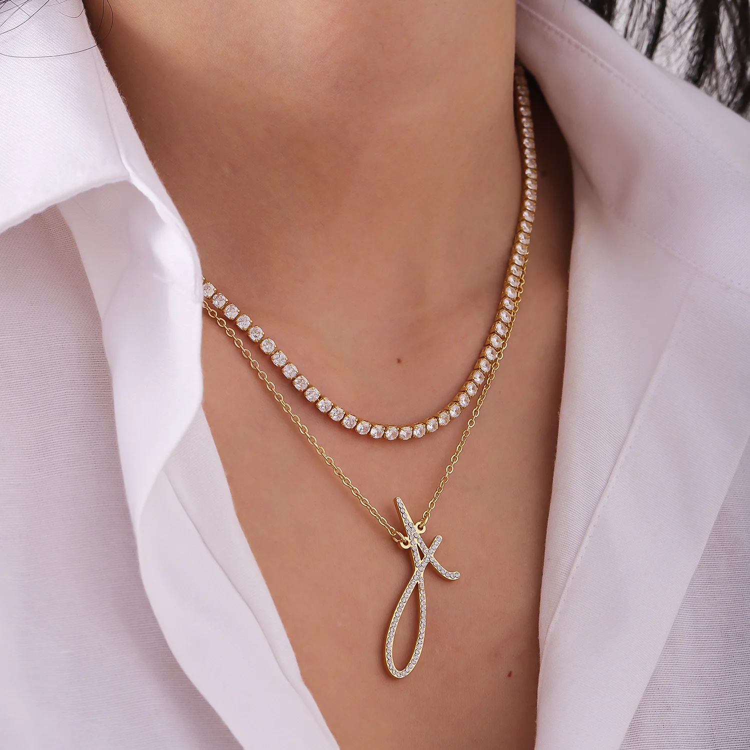 

Ожерелье с надписью из циркона на заказ, двухслойная штабелируемая цепочка из нержавеющей стали с позолотой для ее подарка