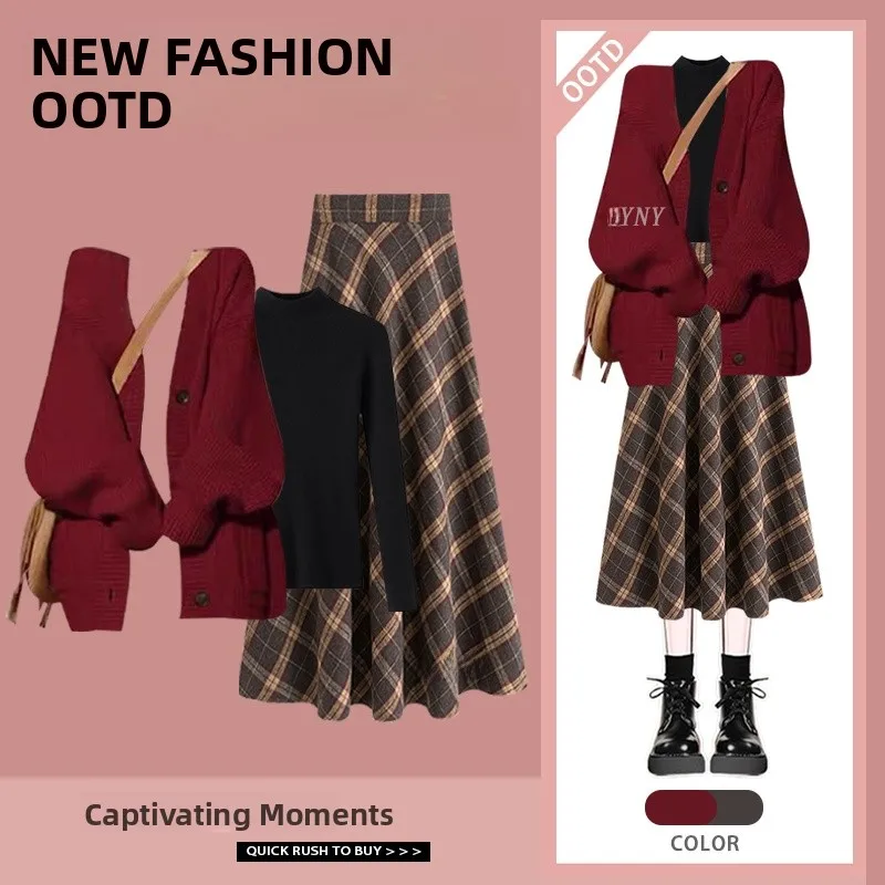 

Зимний новогодний ансамбль Faion, женский элегантный сладкий красный свитер, юбка с высокой талией, комплект из футболок