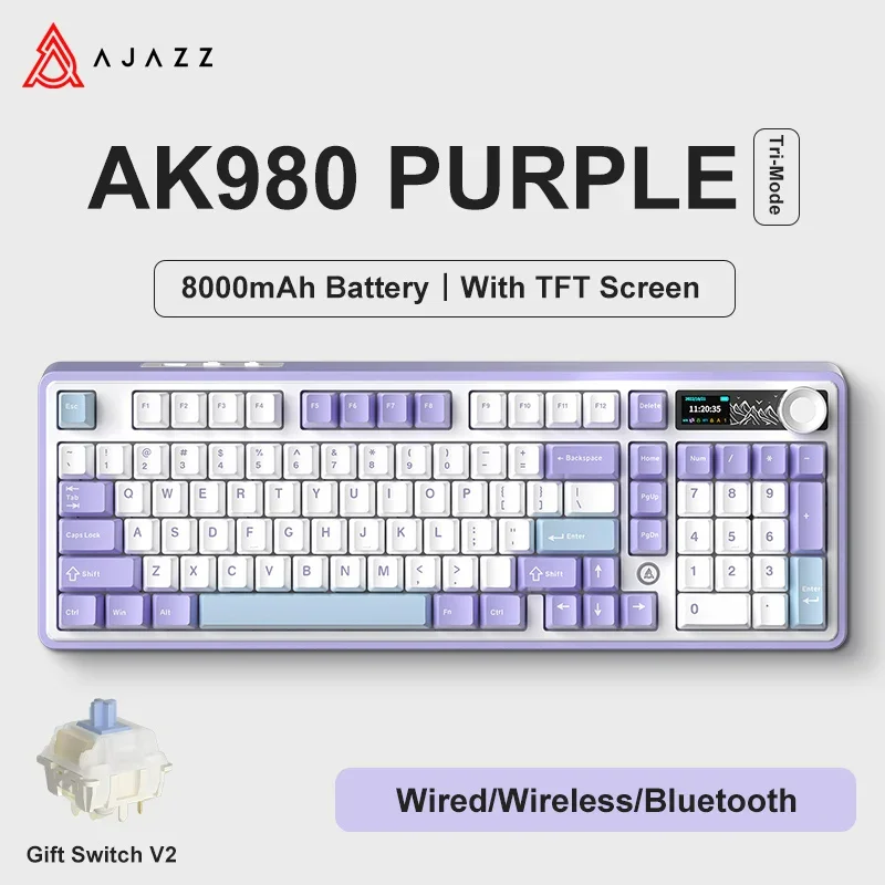 AJAZZ AK980 Mechanisch gamingtoetsenbord, 2,9 cm TFT-scherm, volumeknop, pakkingstructuur met 98 toetsen, RGB-verlichting, hot-swappable PR4
