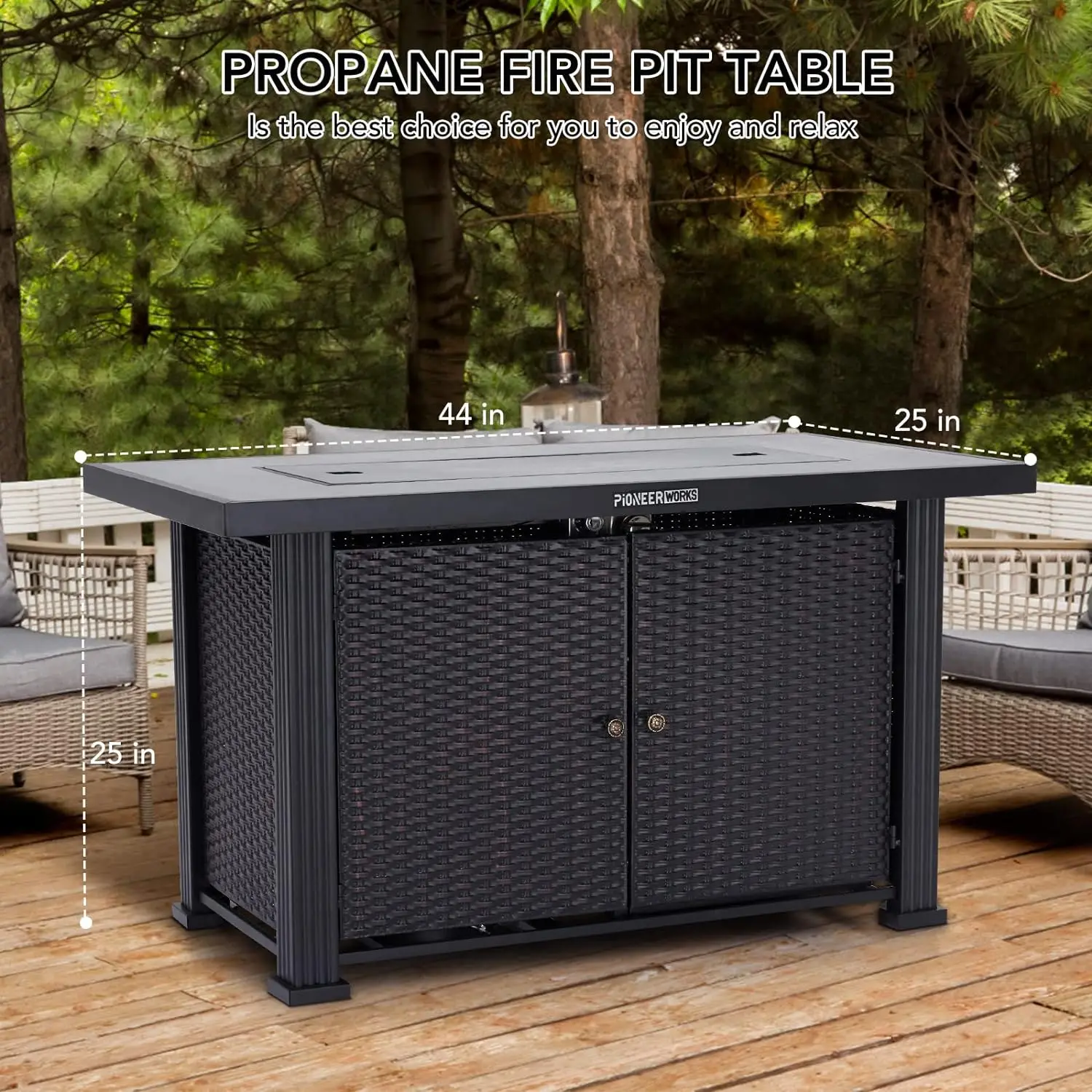 44 Inch Propane Outdoor Fire Pit Table, 50000Btu Rectangle Double Door Fire Table With Cover & Rain Cover, Add Warmth And