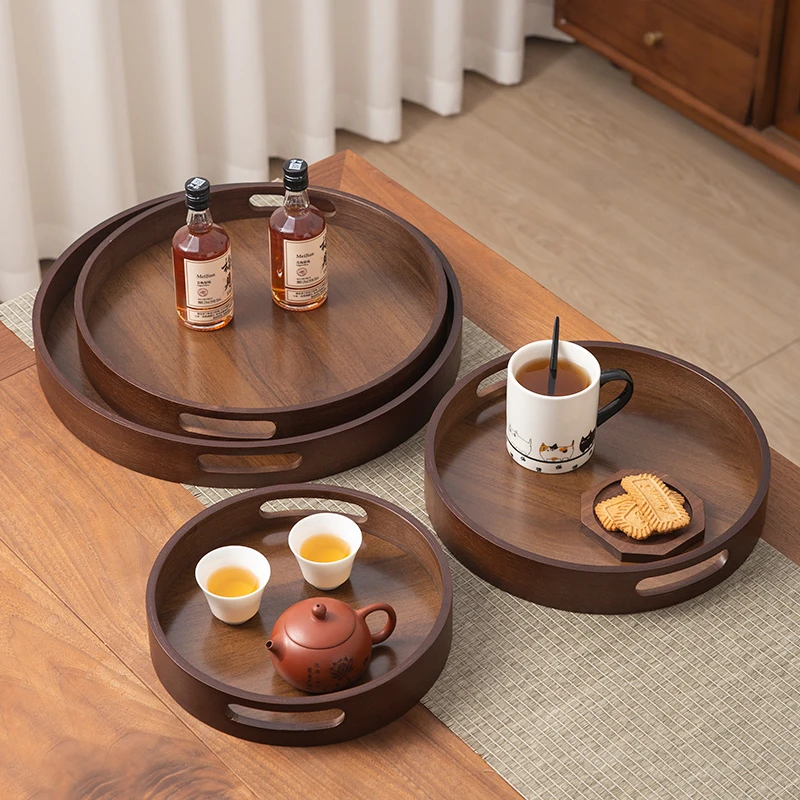 

Bamboo Wooden Tea Tray Walnut Colored Storage Plate for Gongfu Tea Pot Vintage Polied Multifunctional round Plate