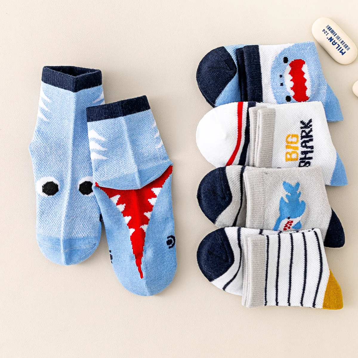 5 pairs of cartoon shark striped mesh thin sweet creative socks boys and girls spring and summer breathable anti-sweat socks