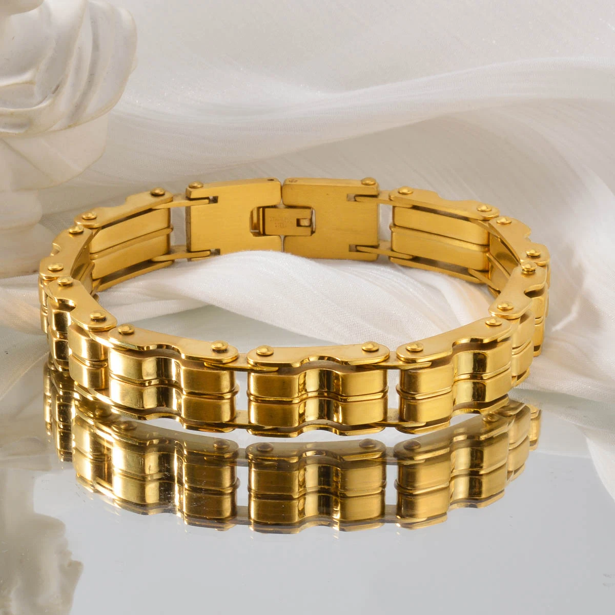 Luxury Gold Plated Biker Chain Bracelet for Men Stainless Steel Wide Link Punk HipHop Motorcycle Style Jewelry Trend Gift