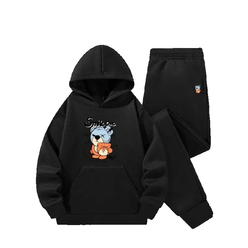 Grey Kids Cartoon Smile Bear Print Hoodie Tracksuit Boys Girls 2Pcs Long Sleeve Sweatshirt Jogger Pants Casual Outfit