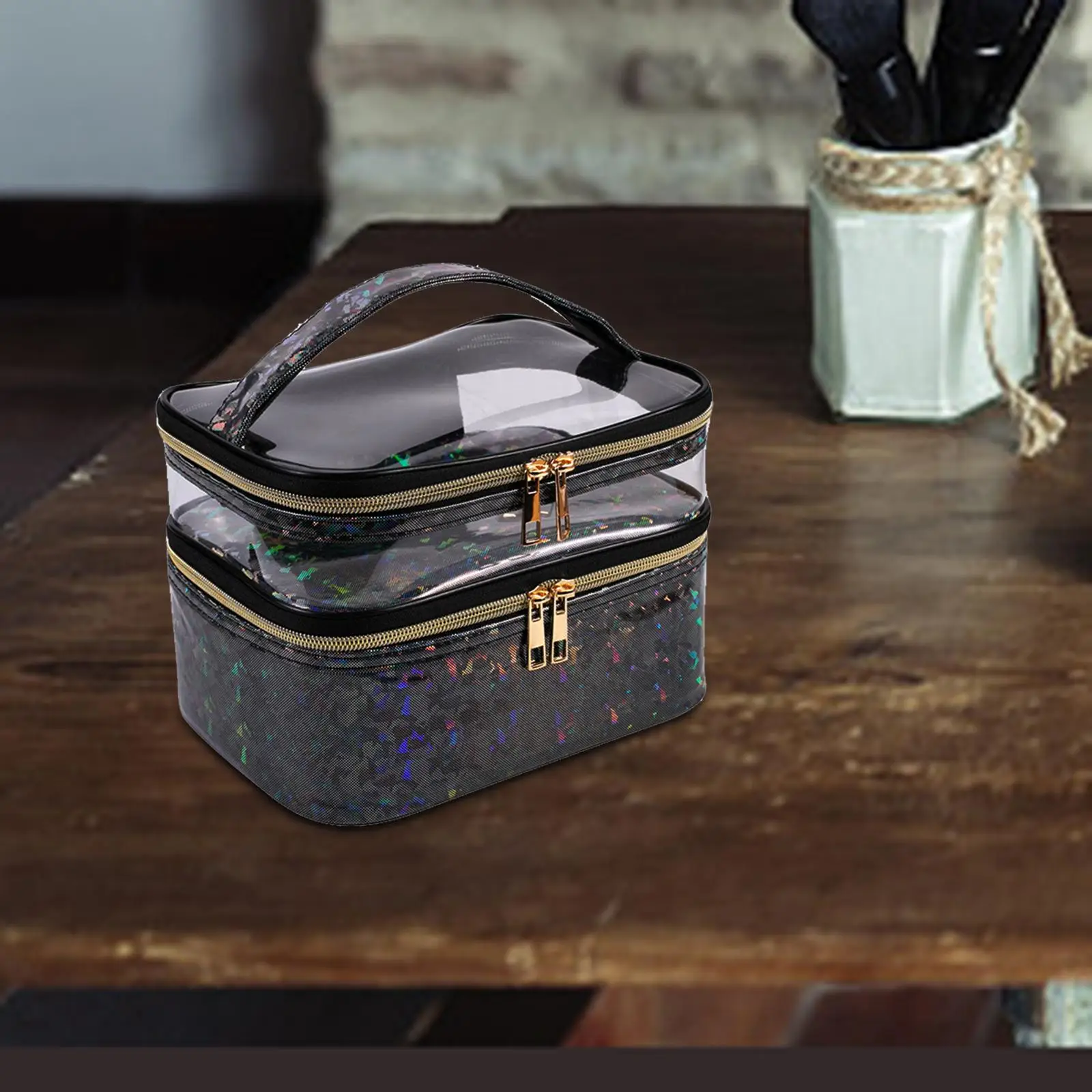 Double Layer Cosmetic Bag Makeup Bag Toiletry Bag Multifunctional Foldable