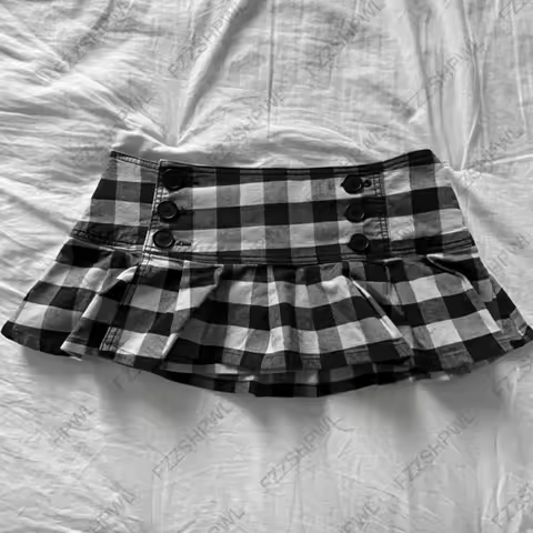 Y2K Skirt Subculture Harajuku Grid print Spicy Girls Mini Skirt Goth Streetwear Button A-line skirt Punk Retro Half length skirt
