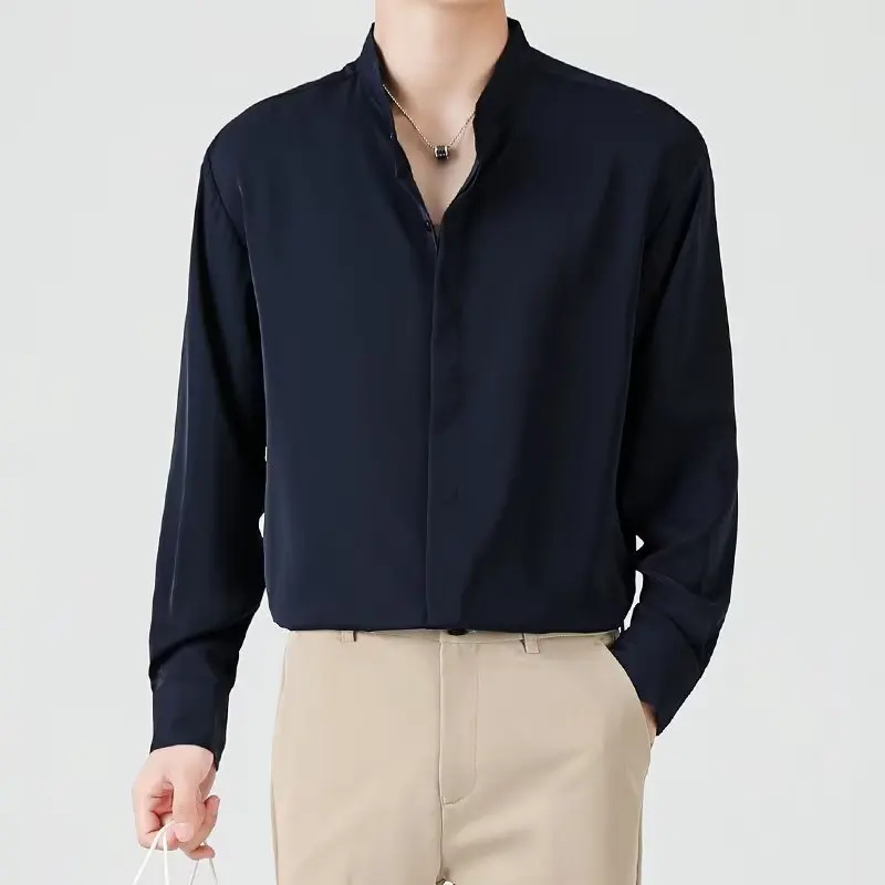 Men's Long-sleeved Shirt Spring and Summer High-end Draped Shirt Loose Stand Collar Concealed Button Simple Casual Jacket Thin