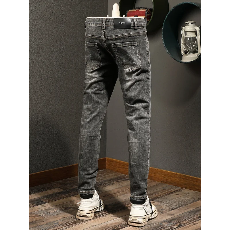 

High end black gray jeans men's trendy Korean street fashion casual elastic slim fit small leg pants