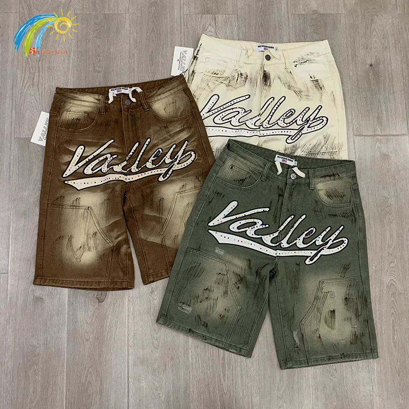 

Green White Brown Splashing Ink Graffiti VALLEY Jean Breeches Colorful Rhinestone Logo Vale Letters Embroidery Denim Shorts