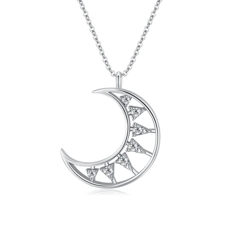 

S925 Sterling Silver Elegant and Sophisticated, Hollowed Out Moon Full Diamond Pendant Necklace, Romantic and Elegant for Women