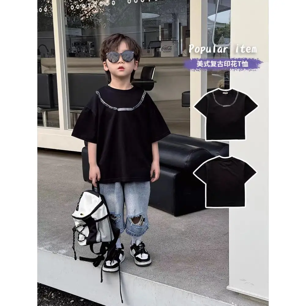 

Boys Handsome Pure Cotton Short Sleeved T-shirt 2024 Summer New Necklace Print Korean Loose Five Quarter Sleeved T-shirt