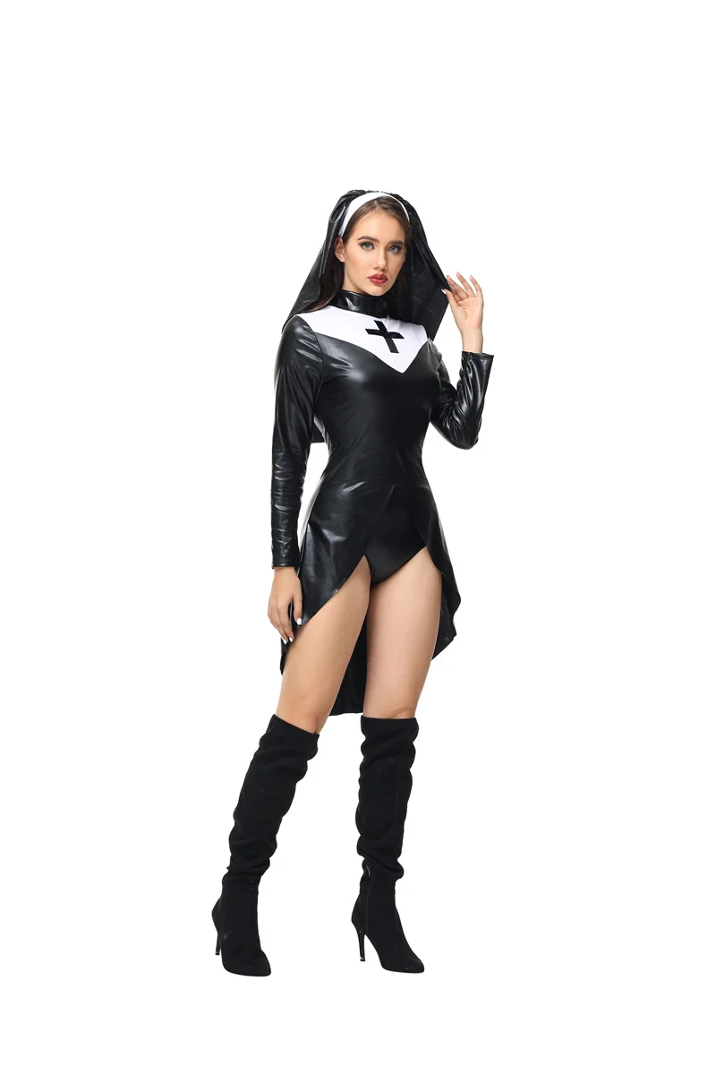 Black PU Faux Leather Sexy Nun Costume Carnival Halloween Church Religious Convent Cosplay Fancy Party Dress