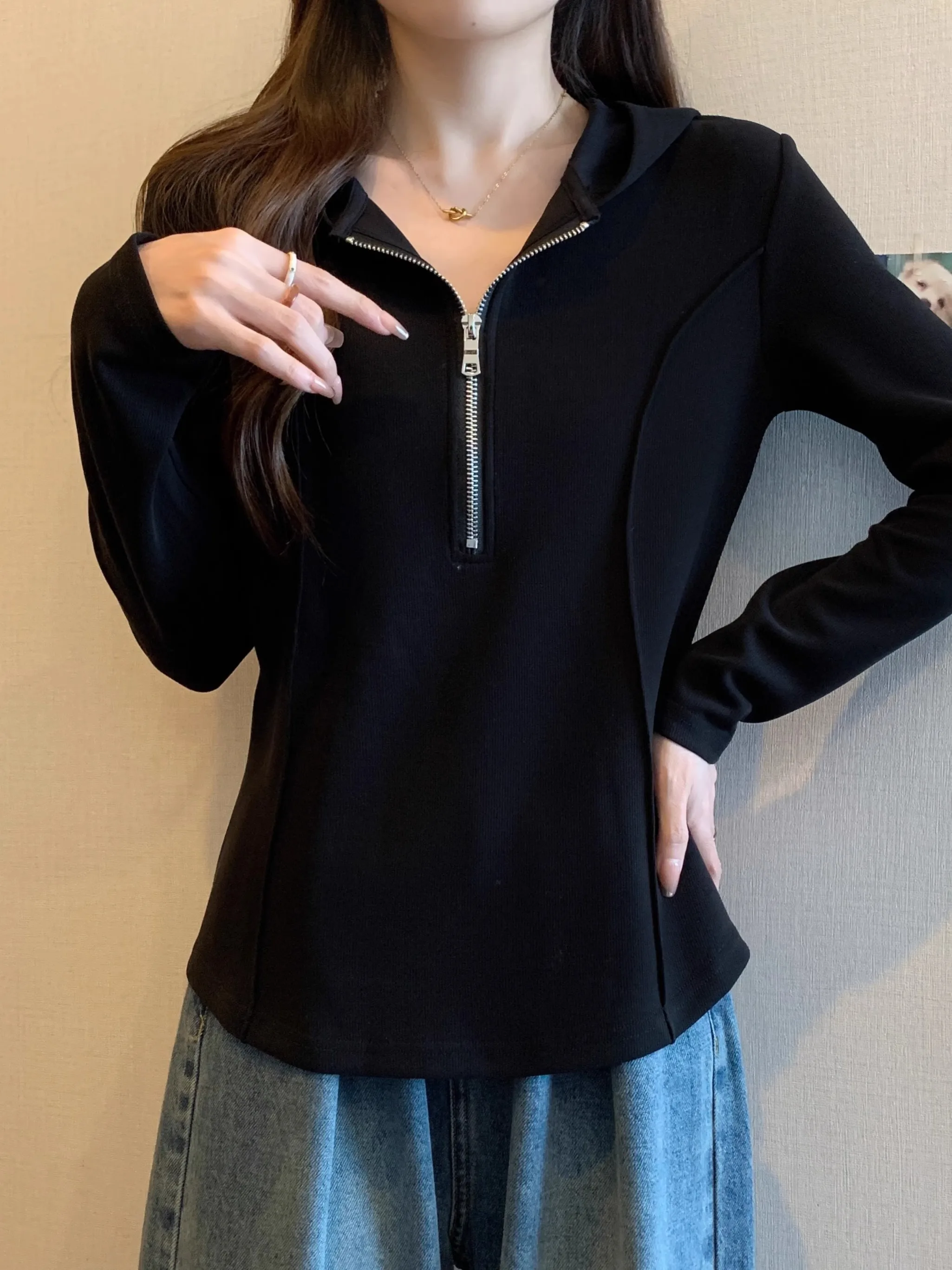 

Black Hooded Long Sleeve T-Shirt Women's Autumn Winter plus Size Fat MM Half Zipper Sweatshirt Irregular Fishbone Top