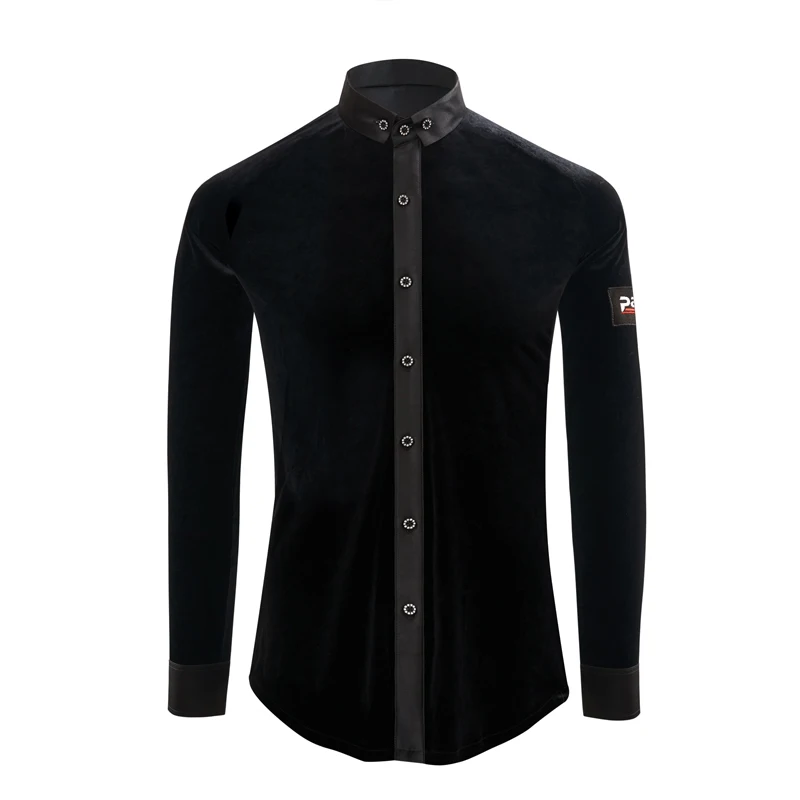 Inverno Uomo Standard nazionale Ballo latino Top Valzer Camicia da ballo da sala Velluto nero Abbigliamento da pratica di danza moderna SL14762