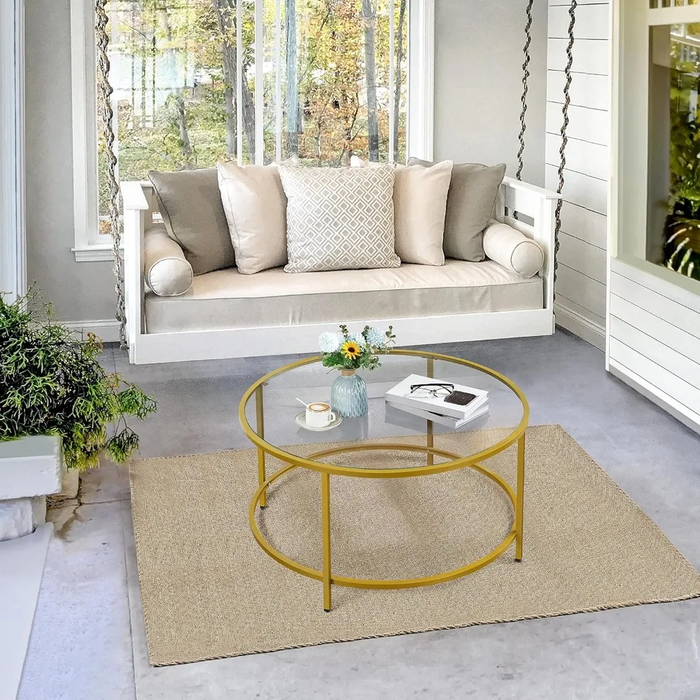 Tavolino da caffè moderno rotondo in vetro temperato trasparente da 36 pollici per soggiorno, tavolo centrale semplice ed elegante, ideale per piccoli spazi a