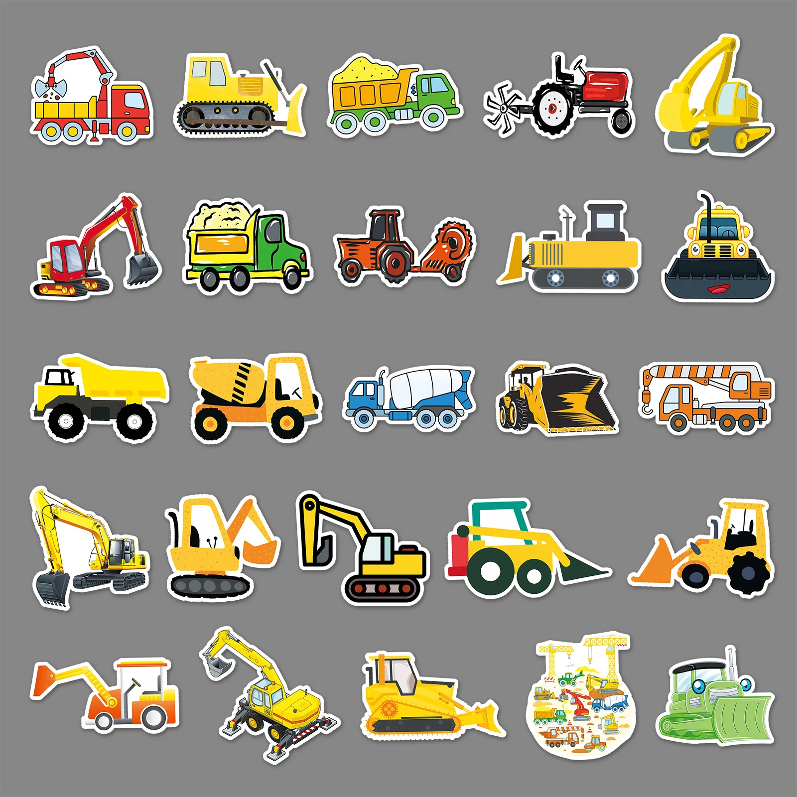 50 Pcs Cartoon Construction Truck Waterproof Creative Excavator Tractor Bulldozer Graffiti Automobile Motorcycle Stickers