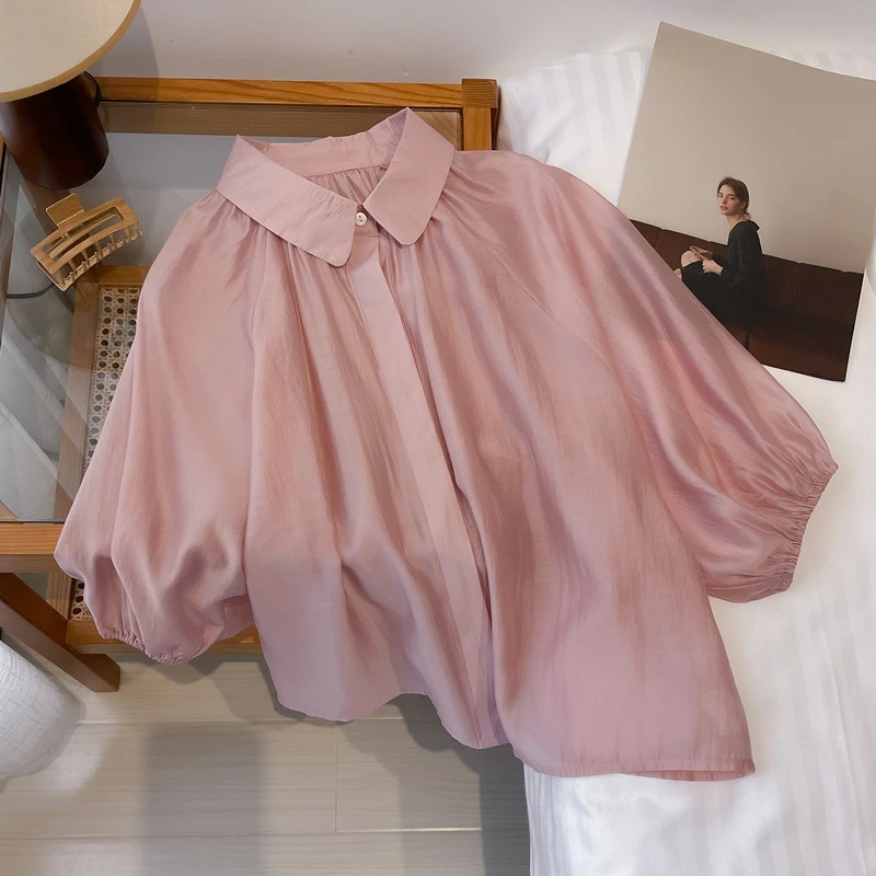 أزياء الصيف الحلو نفخة الأكمام الوردي بيتر بان طوق قمصان الحرير الاصطناعي الربيع أنيقة شيك الأميرة قميص خمر قمم #4