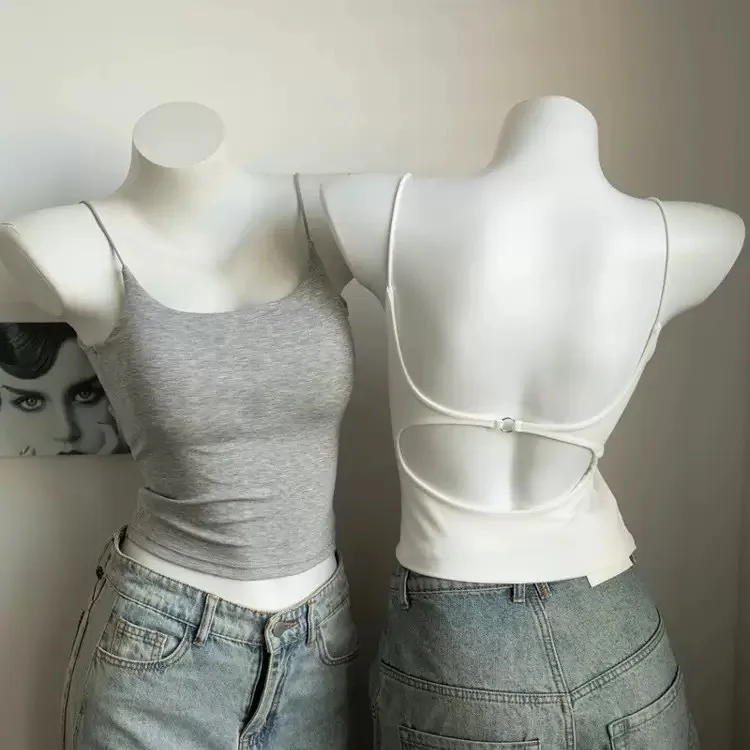 Camisola Sexy de verano con espalda descubierta, diseño recortado de encaje con sujetador incorporado, camisa sin mangas con espalda en U para mujer, cómoda y elegante