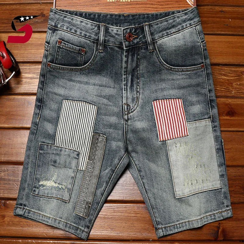 

High-End Fashion Brand Cowboy Shorts Men's Slim Straight Summer Retro Blue Stitching Patch Stretch Fashion Shorts