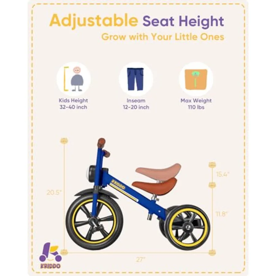 Tricycle à roue sans perforation de 12 pouces pour 2 à 5 ans avec éclairage avant et siège réglable bleu
