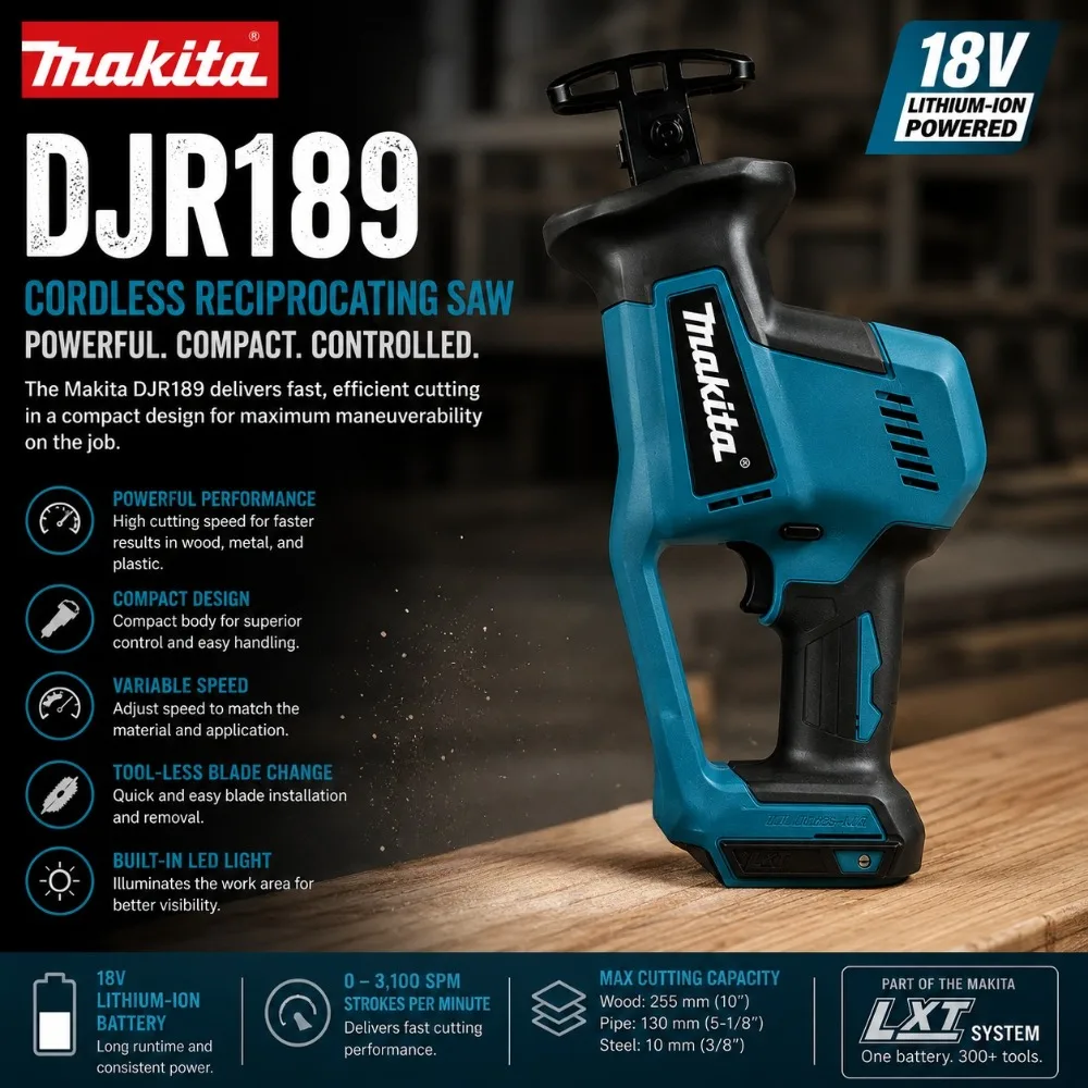 Makita DJR189 Brushless Cordless Reciprocating Saw, Rechargeable Portable Power Tool for Wood & Metal Cutting