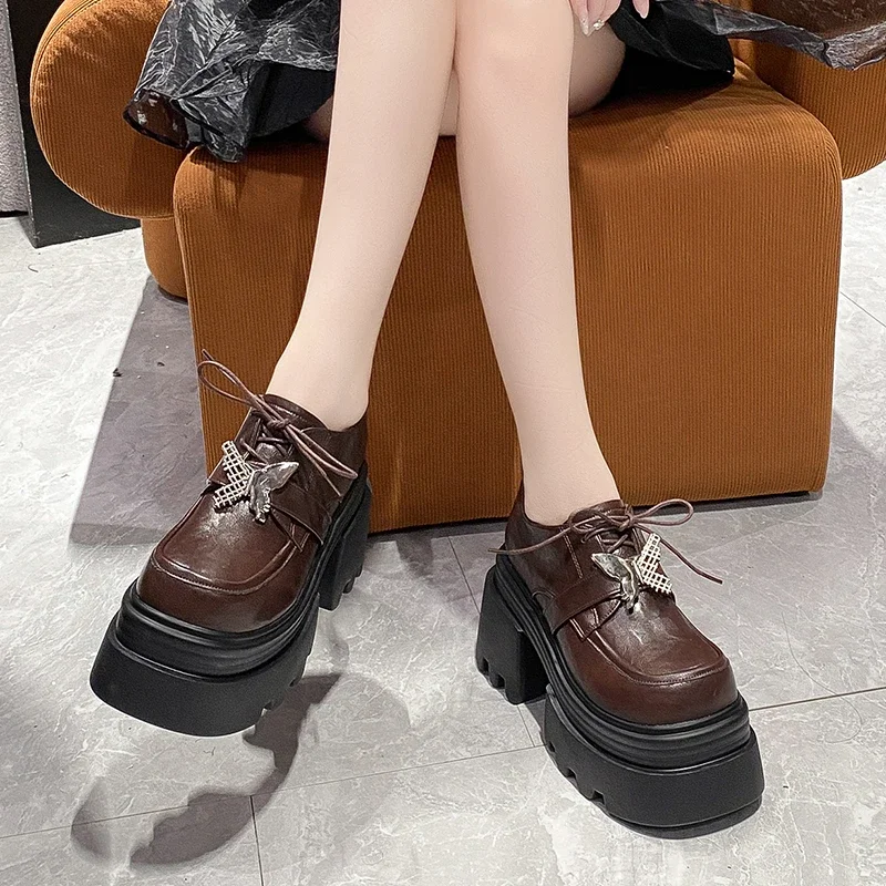 10CM Women's Loafers Front Lacing Middle Follow Square Heel Platform Shoes Shallow Mouth Retro Winter Autumn Warm Casual Shoes