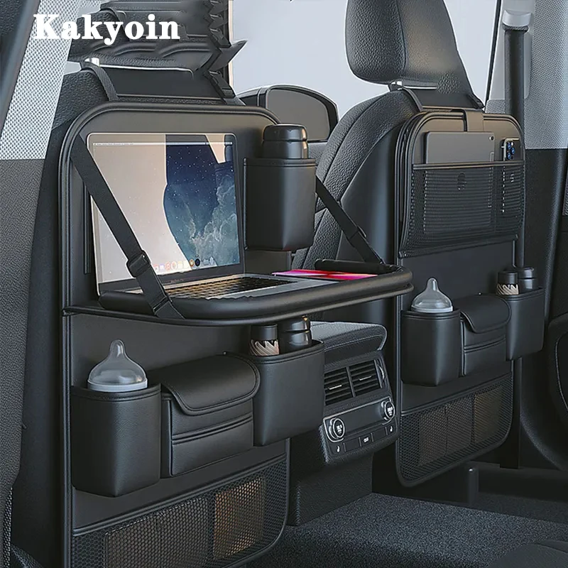 Leather Car Seat Back Organizer Bag Auto Back Seat Storage Bag Foldable Table Tray Tablet Holder Tissue Pockets Car Storage Box