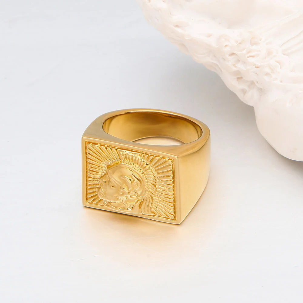 VAROLE Brass Square Soldier Head Signet Ring Men Women Vintage Sunburst Wide Band Finger Jewelry Daily Wear Gift