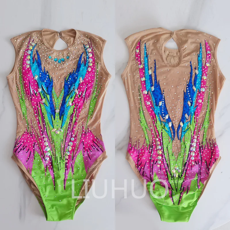 LIUHUO Girls Synchronized Swimming Leotards Women Training Competitive Dance Swimwear Green Color