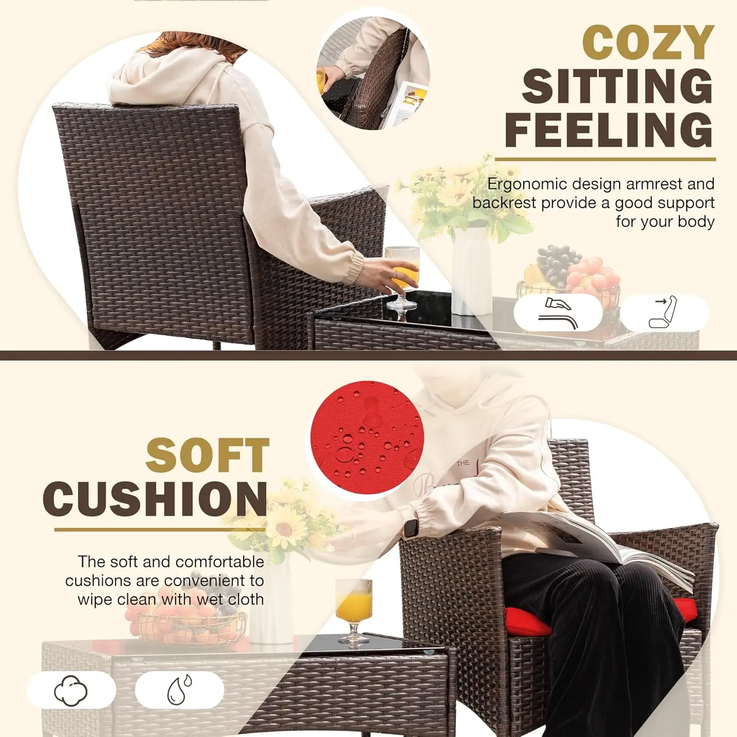 4 قطع من كرسي الفناء الروطان الخوص، للاستخدام الداخلي والخارجي في الفناء الخلفي والشرفة والحديقة بجانب حمام السباحة (أحمر)