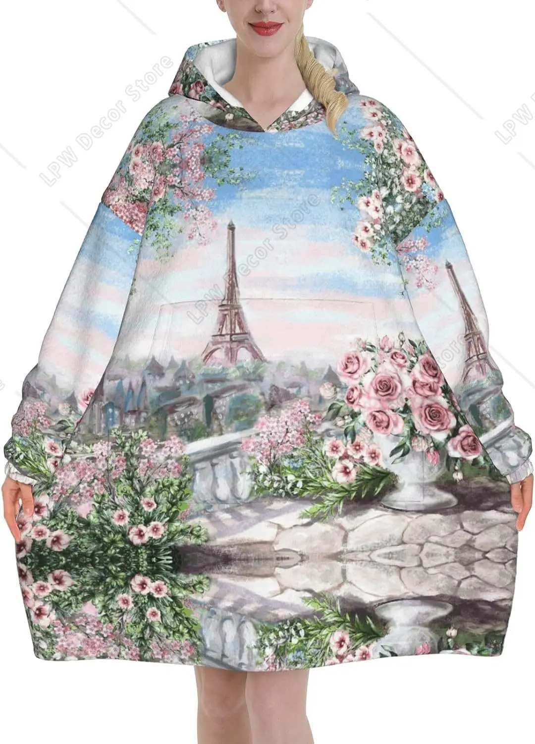 Tower Paris Print Blanket Hoodies For Women & Men Adult Teen Wearable Hooded Sweatshirt With Pocket