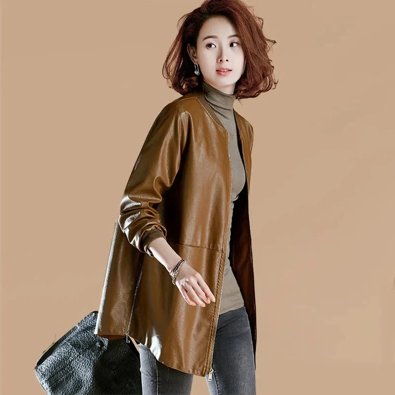 6XL Long Leather Coat Female 2024 Spring Autumn New Korean Version of Loose Match Slimming PU Baseball Jacket Leather Top Tide