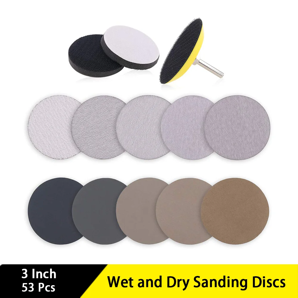 

3 Inch Wet and Dry Sanding Discs 53 Pcs Assorted 80-7000 Grits Sandpaper with Shank Backing Pad and Soft Foam Buffering Pad