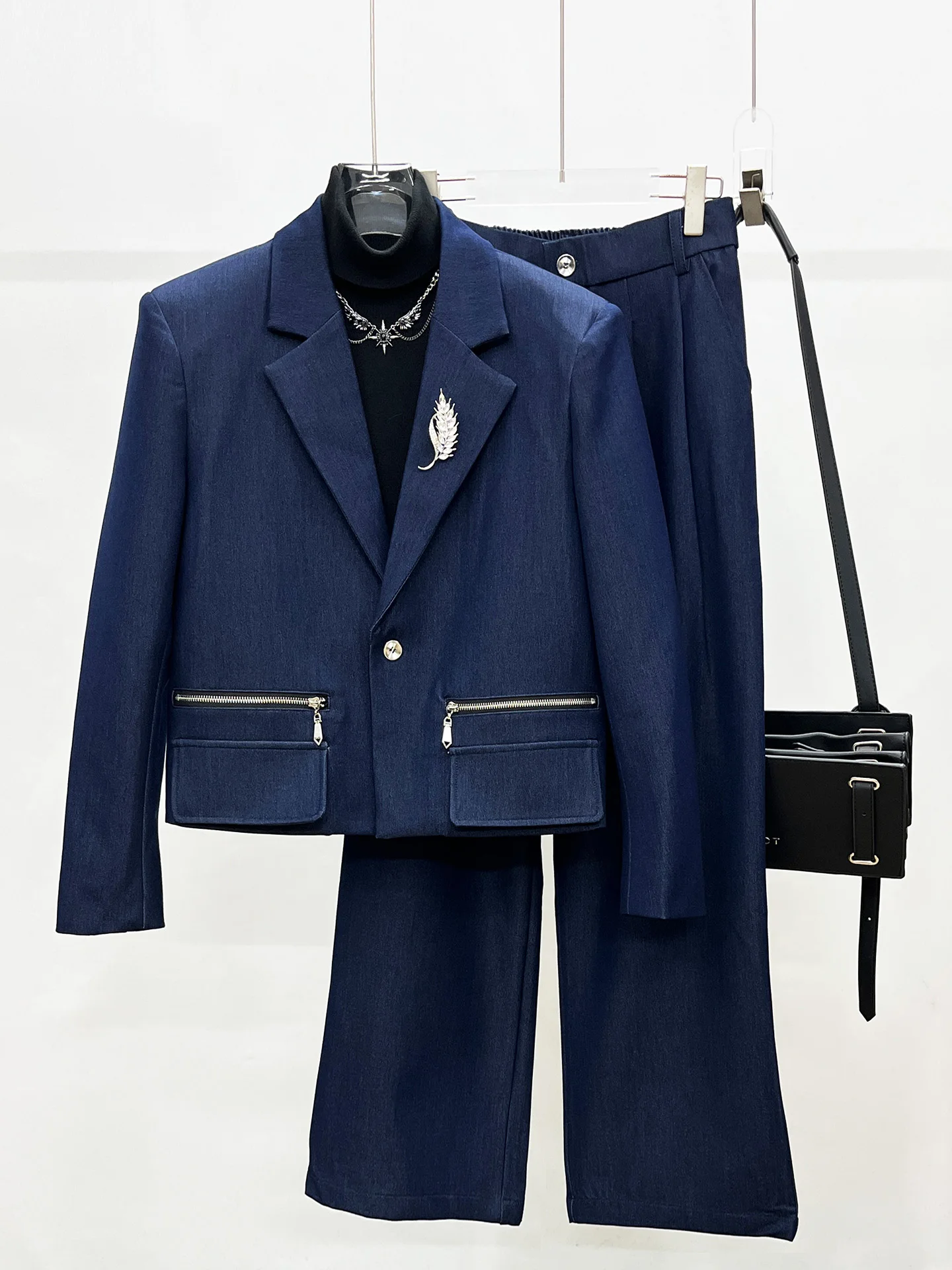 

Korean Style Casual Luxury Men's Suit Two-Piece Set Zipper Design Straight Leg Pants Fashionable Trendy Youth Autumn Wear