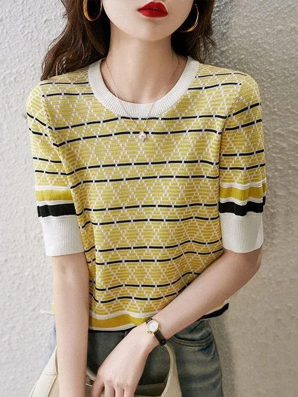 t-shirt-leger-en-soie-glacee-tricote-a-manches-courtes-pour-femme-nouveau-style-d'ete-avec-blocs-de-couleur-rayures-et-poche-foulard