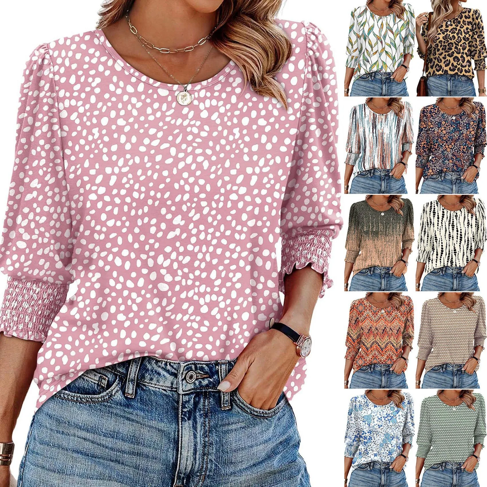 Casual Pullover T Shirt Pink Cap Sleeve Floral Print Knit T Shirts Black Puff Sleeve Smocked Cuff Tee White Round Neck Loose