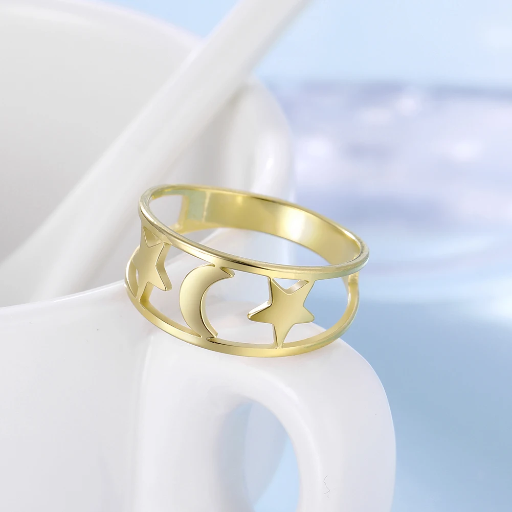 Kkjoy Fashion Simple Stainless Steel Gold Color Hollow Star Moon Finger Rings For Women Hot Selling Wedding Gift Wholesale image 2