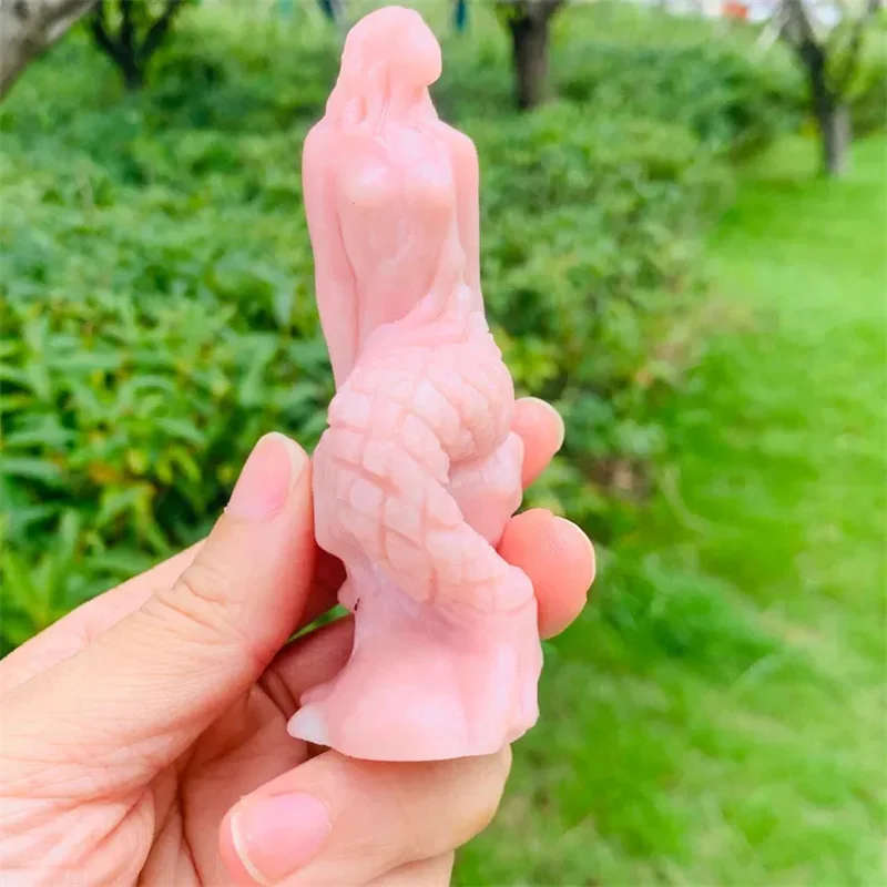 Natural Pink Opal Mermaid Statue Hand-carved Quartz Crystal Gift Energy Collection Decoration