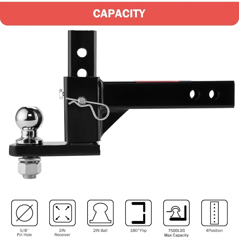 Adjustable Trailer Hitch Ball Mount Fits 2-Inch Receiver, 2’’ Ball 7500LBS, 7 1/2