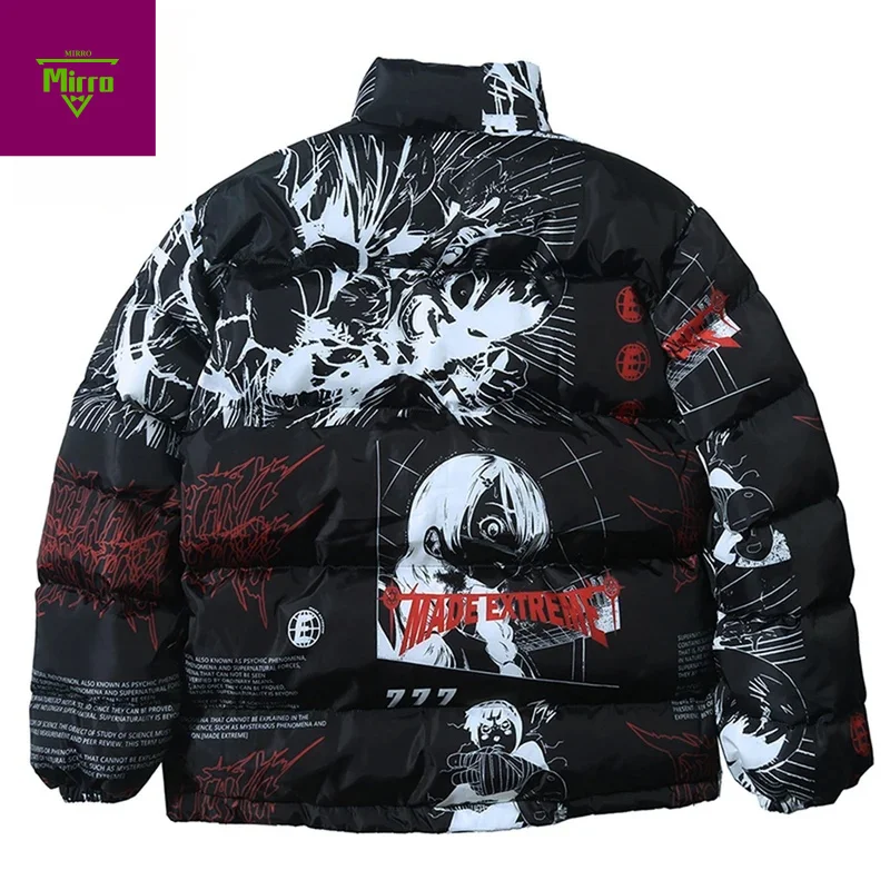 

Уличная куртка с принтом аниме, мужская зимняя парка в стиле хип-хоп, пальто, черные свободные стеганые куртки-пуховики Y2K, мужские пальто большого размера с пузырьками